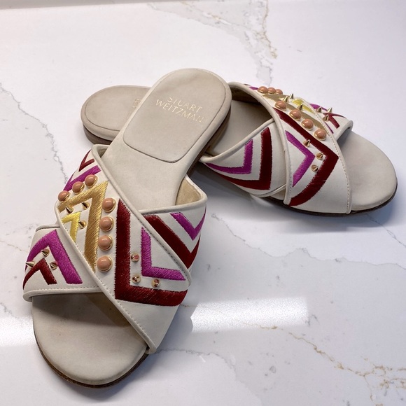 Stuart Weitzman Shoes - Stuart Weitzman White Leather Strappy Embroidered Mod Spike Sandals Shoe